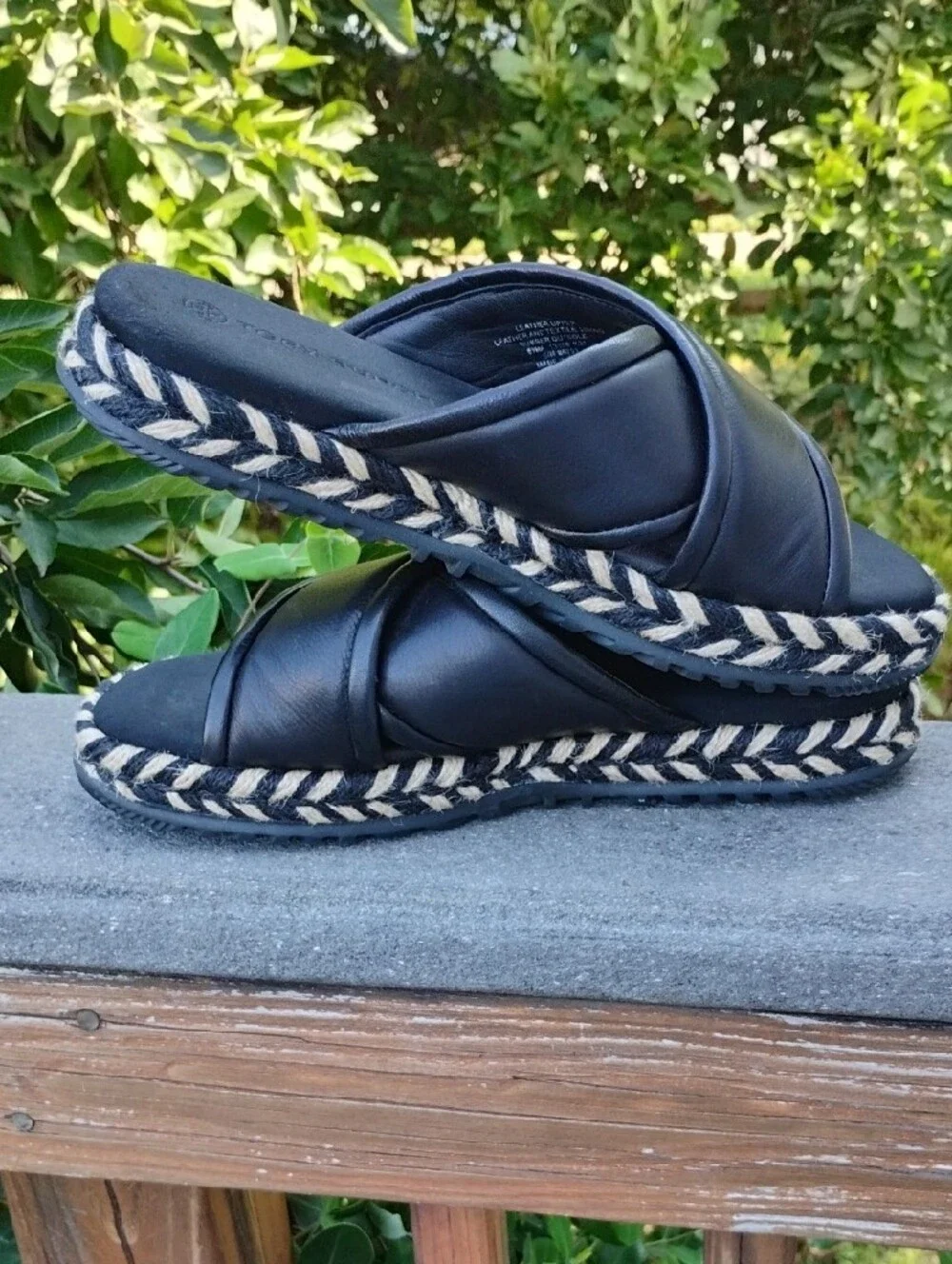 EUC Tory Burch Black Leather Criss Cross Jute Espadrilles Slides Resort - 8.5